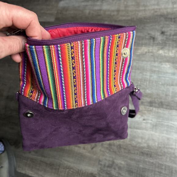 Peruvian Crossbody/Clutch Foldover Bag Purple with Rainbow Striping Wrist Strap - Picture 6 of 9